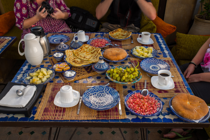 Breakfast on the terrace at Riad Laayoun, Fes, Morocco