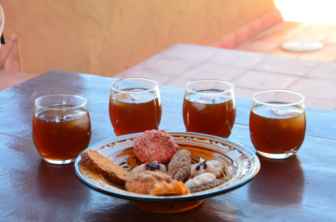 Cooling mint tea and pastries as Kasbah Ellouze, Morocco