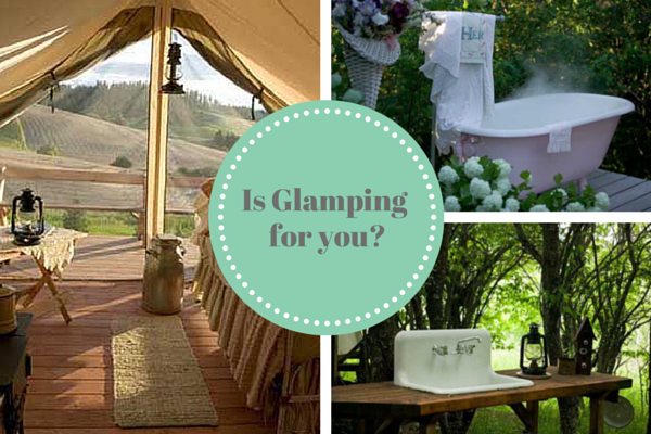 Glamping banner with bed, wash basin and bath