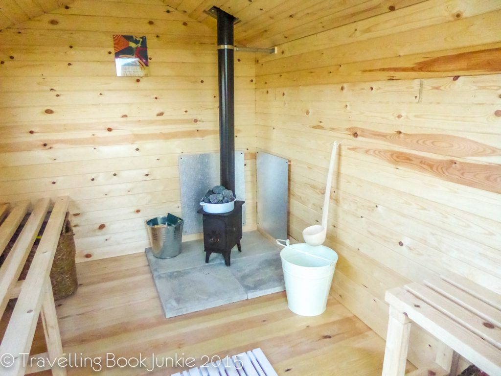 Inside sauna Amber BEll Tent Norfolk Glamping