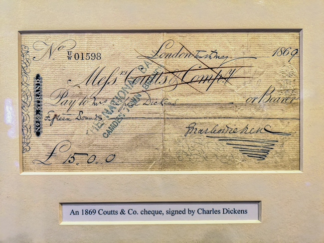 Signed cheque by Charles Dickens at The Angel Hotel in Bury St Edmunds, Suffolk