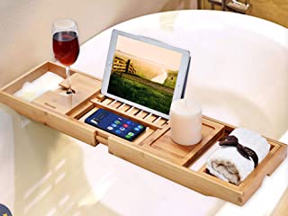 Bamboo bath tray with space for your book, wine glass, candle and soap. Perfect for a relaxing bubble bath