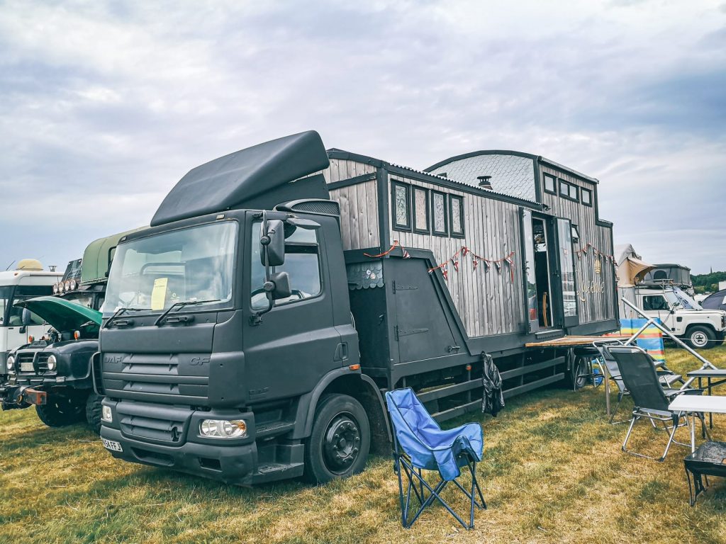 A converted lorry into a mobile home on wheels on display at the overlanding show in Stratford upon Avon in 2022