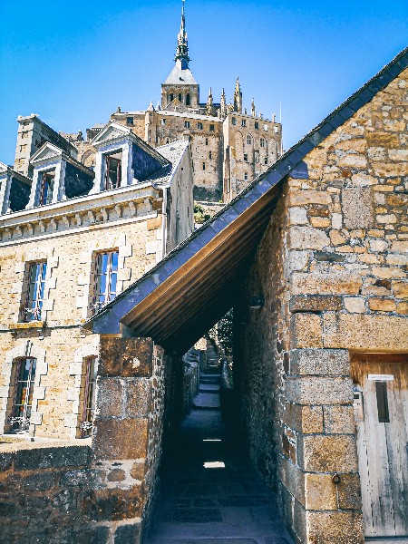 Looking up at the abbey on Mont Saint Michel