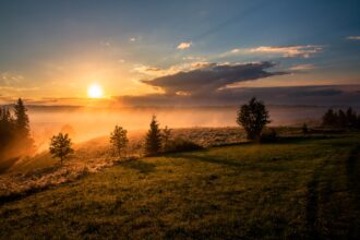 Nature and enjoying the outdoors is a great natural health and fantastic for your mental health. Looking out over the rolling hills as the sun rises and the mist disappears. Image provided by Dawid Zawiła on Unsplash