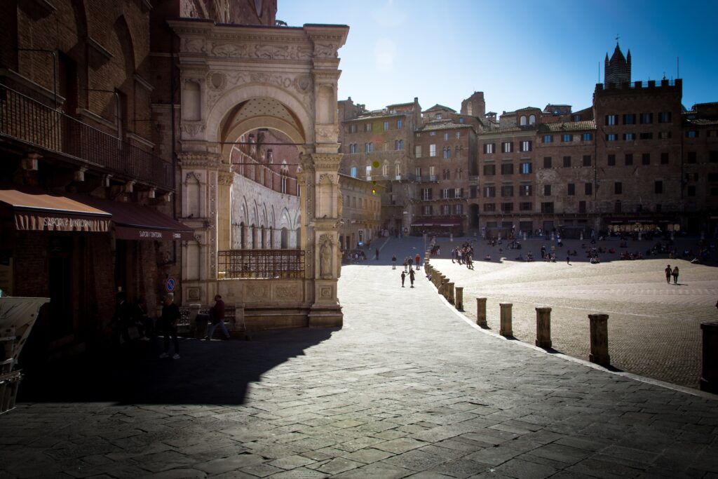 The Piazza del Campo in Siena Italy is well-known for its horse racing and fine buildings