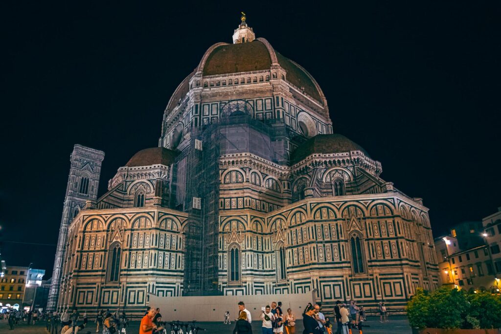 The Duomo in Florence, Italy lit up at night