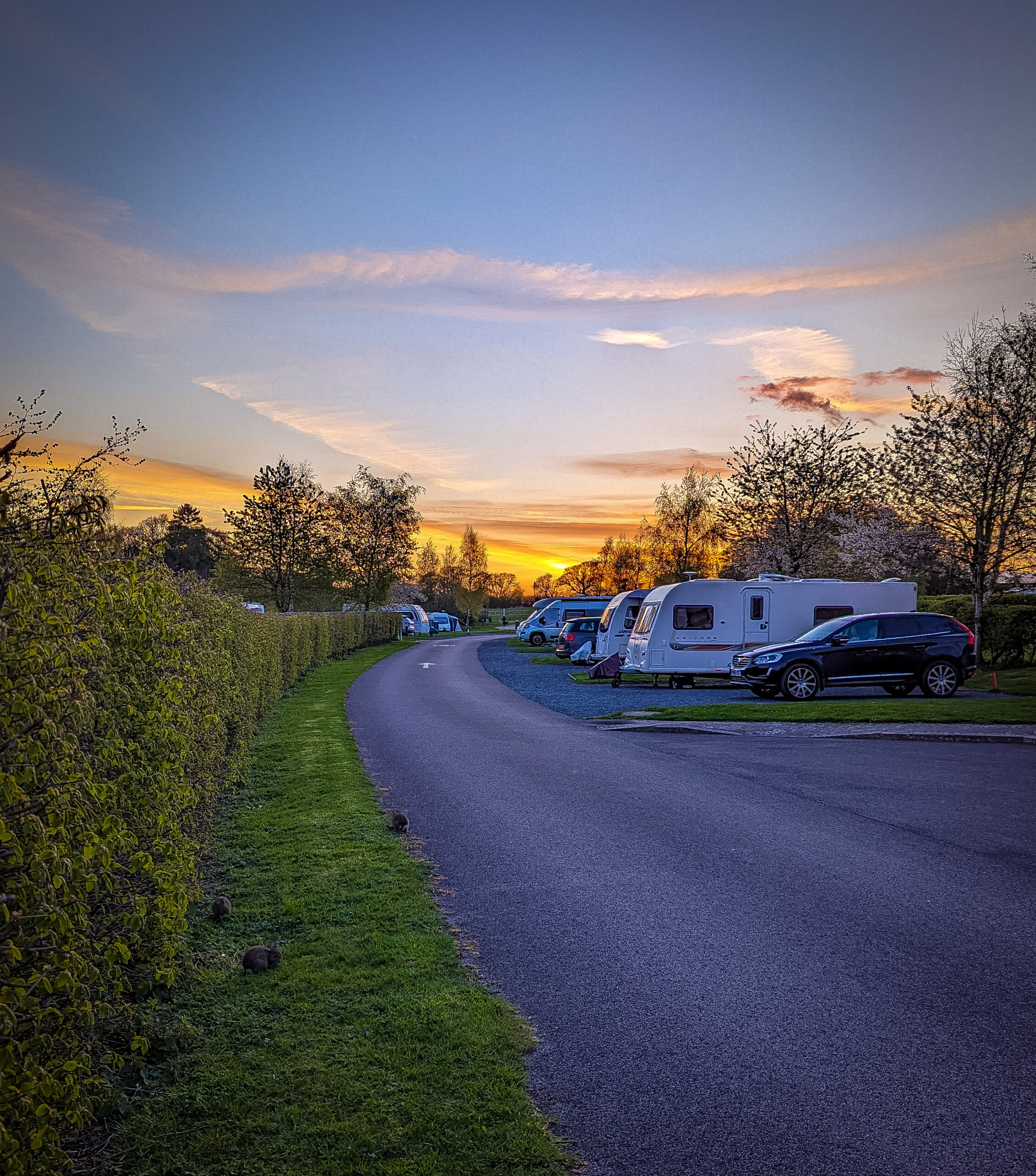 The Caravan and Motorhome Club site at Barnard Castle as the sun is setting