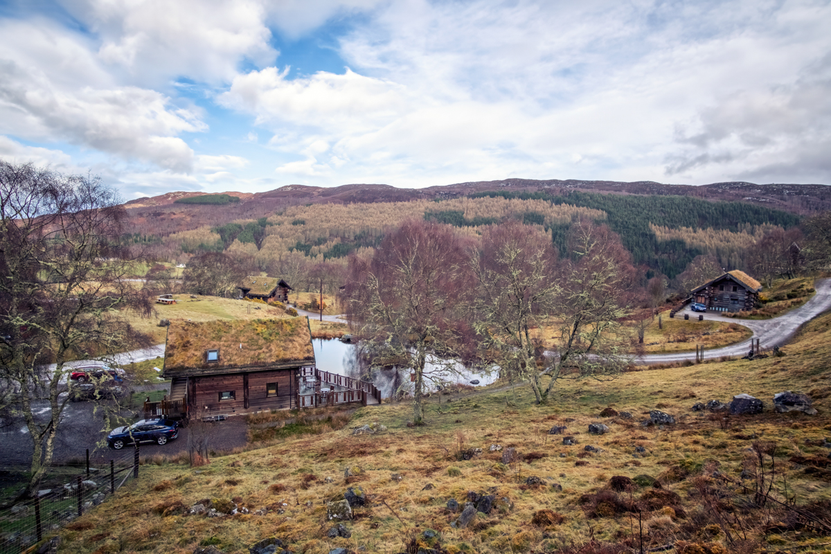 View across Scottish Highlands from Eagle Brae luxury cabin retreat near Glen Affric