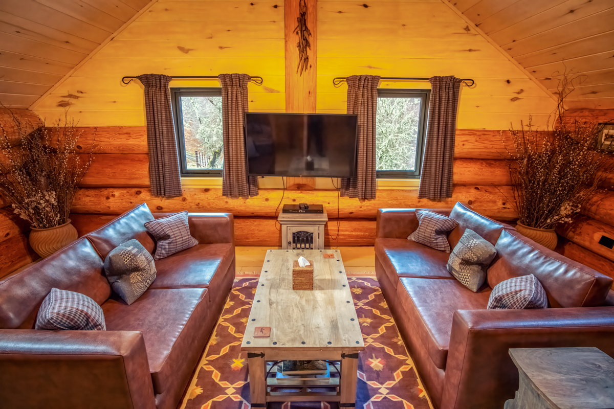 Open plan living area inside Eagle Brae cabin near Inverness featuring wood carvings and rustic decor